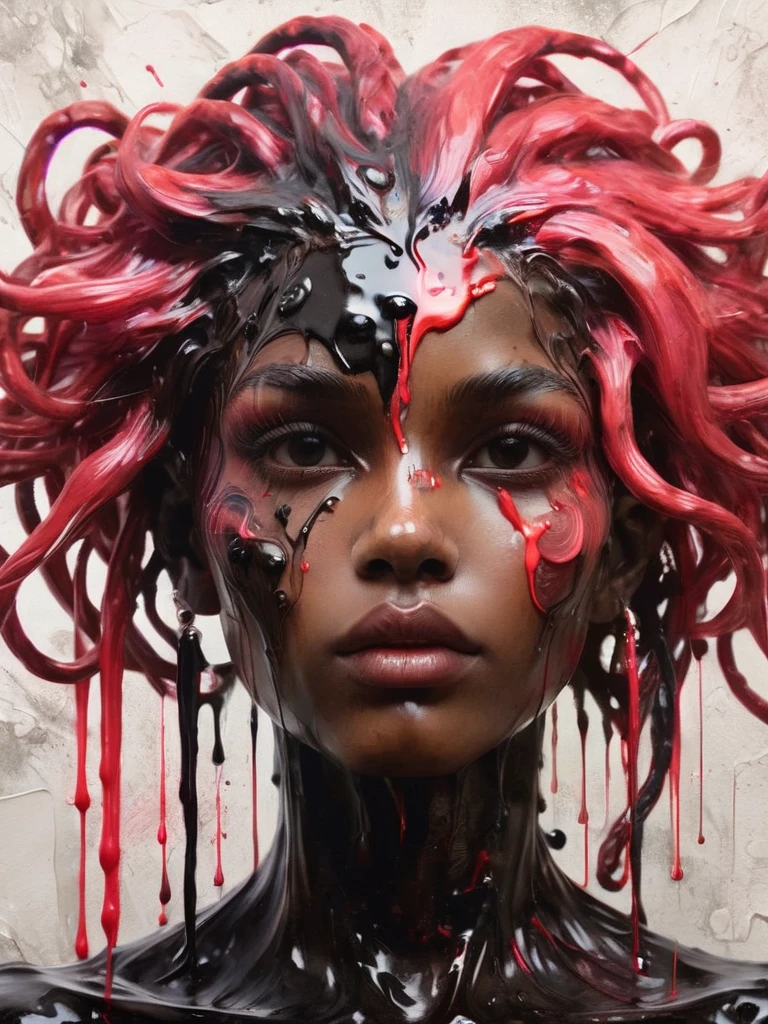 8K, RGB, HDR, Oil paints, Watercolor, Bright, saturated colors, Anna Razumovskaya, Jarek Kubic, Alexi Brillo, Darek Zablotsky, Sakimichan, Louis, Aminola Rezai, original photo, Black person, dark Red, close up, Portrait of Medusa, Mixed media collage. Text with inscription "eLouise", Pretty Face. calligraphy, Gouache, Pen Sketch, Fine lines, Vintage illustration style. Black person, White, Coral pink, Red, By Rubio, beautiful patterns  ral-Black personlight