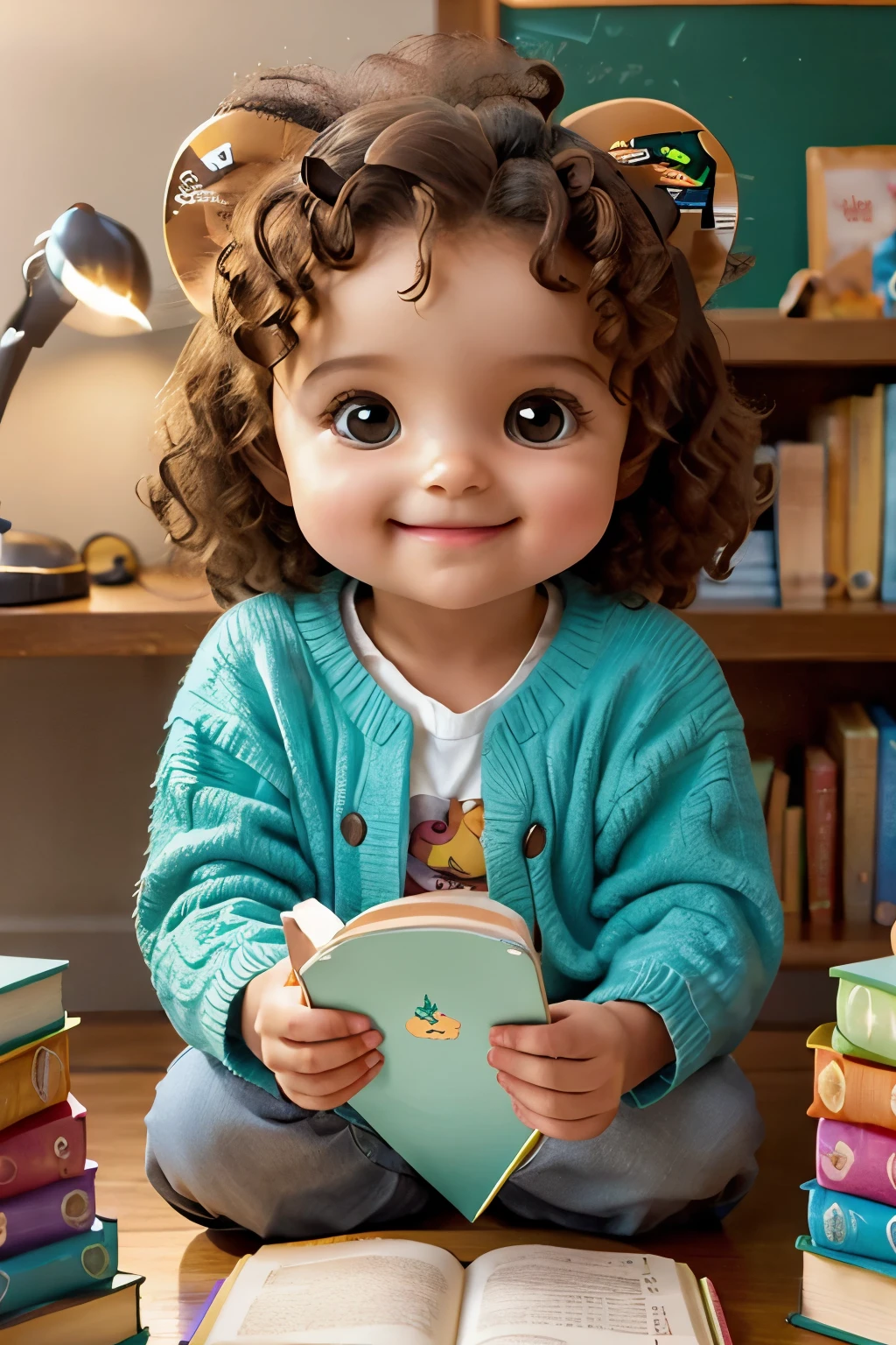Whimsical Study Session: A chibi-style illustration of a cuddly lion character, Apolonias, sitting at a cozy desk amidst colorful books and school supplies. With an endearing expression, Apolonias holds a mobile phone and surrounded by textbooks, appearing to study or use the device. The scene is set in a warm, inviting room with soft lighting, emphasizing the character's friendly demeanor