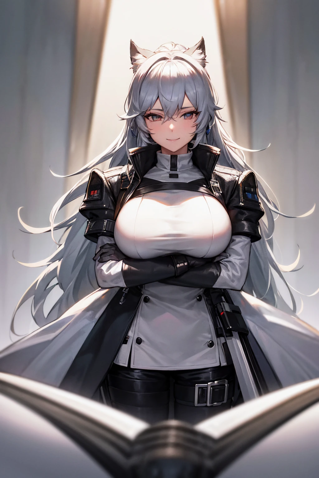 Arknights SilverAsh Super Extra large breasts breast enlargement White fur coat and black tuxedo A man standing on the spaceship looking at the camera and smiling illustration, ultra-detailed, HDR, vibrant colors, soft lighting