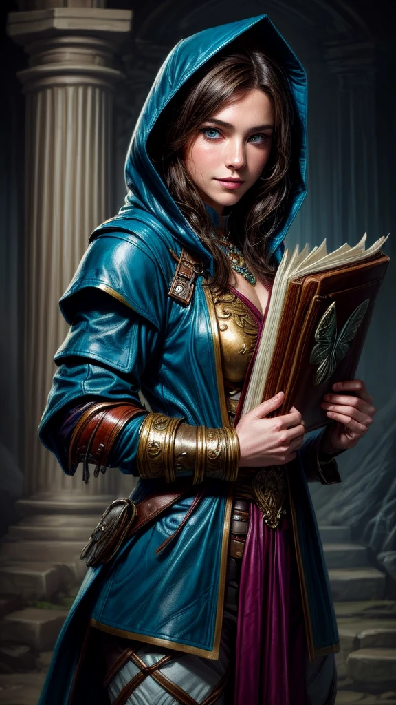 Speed painting of portrait of a fantasy female brunette human adventurer, with a dull blue leather hood, in leather armour, in a temple, D&D character, holding a very large leather bound magical book with butterfly on the book cover, slight smile on face.