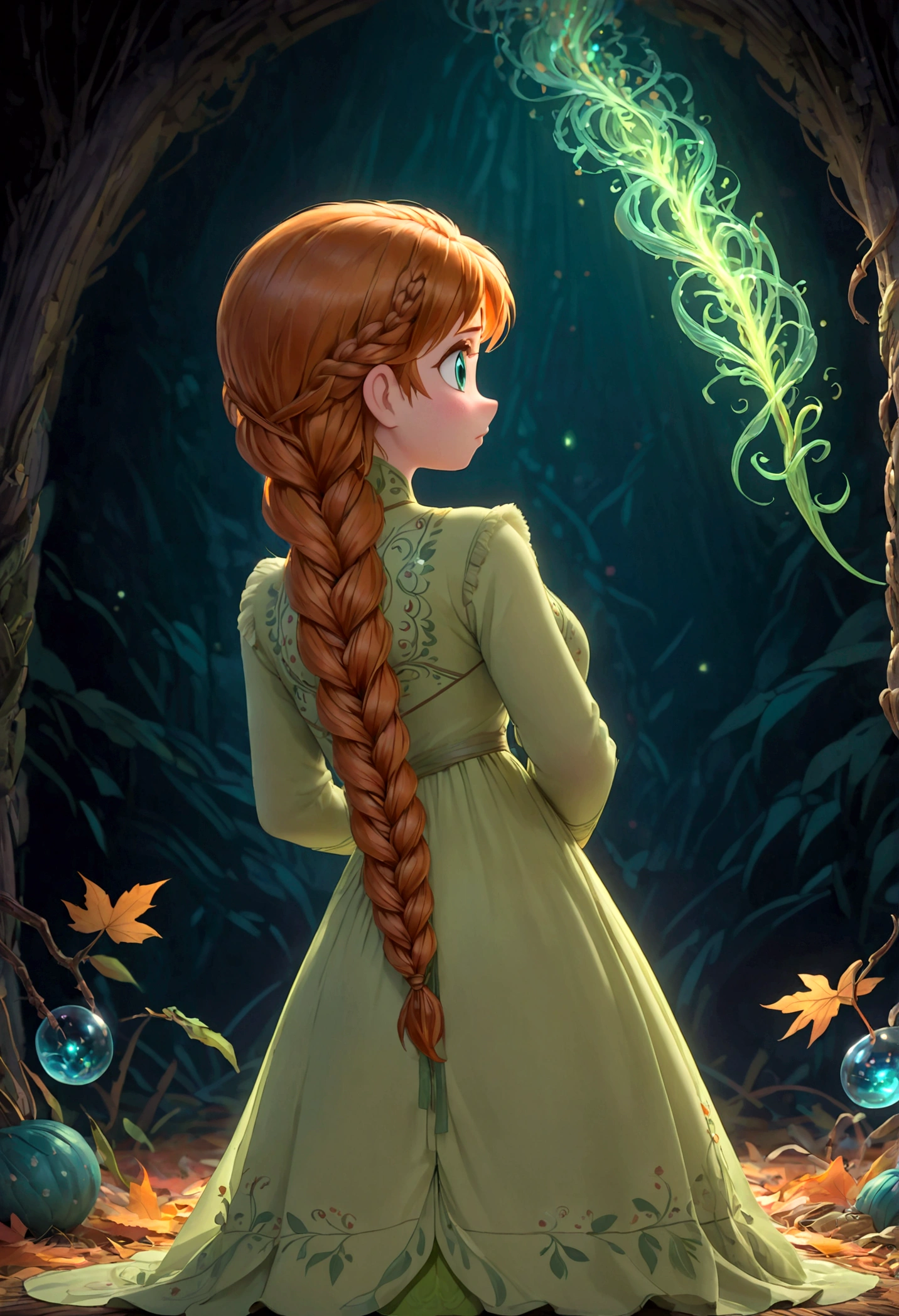 1girl, Anna \(frozen\), Anna of arendelle, green nightgown, solo, twin braids, braid, orange hair, upper body, long hair, worm light, solo, disney, (Back View, from behind:1.4), autumn, anime screenshot, source_anime, dramatic composition, cinematic dynamic action scene, vibrant colors, cinematic lighting, dramatic lighting, best quality, masterpiece, very aesthetic, perfect composition, intricate details, ultra-detailed