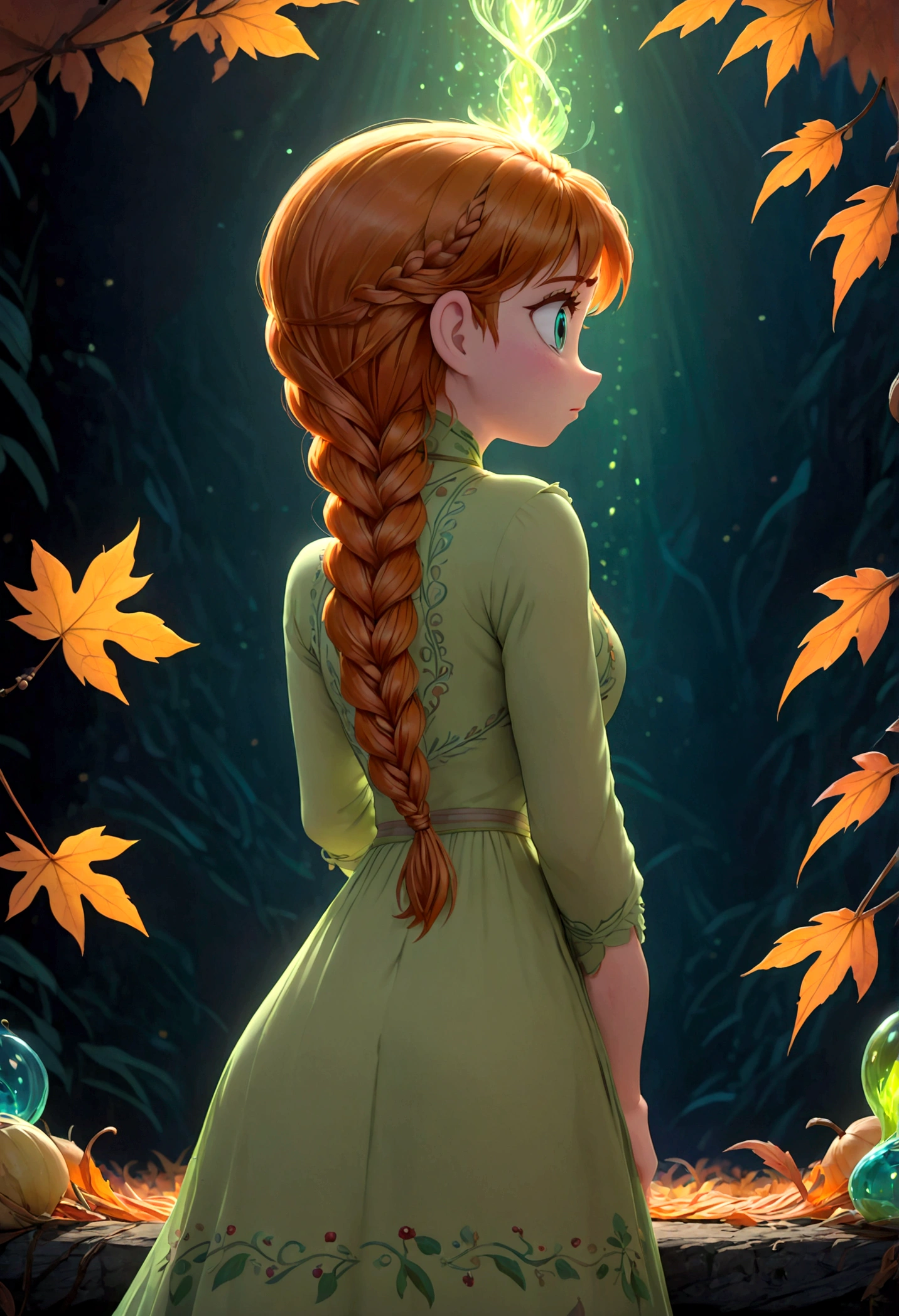 1girl, Anna \(frozen\), Anna of arendelle, green nightgown, solo, twin braids, braid, orange hair, upper body, long hair, worm light, solo, disney, (Back View, from behind:1.4), autumn, anime screenshot, source_anime, dramatic composition, cinematic dynamic action scene, vibrant colors, cinematic lighting, dramatic lighting, best quality, masterpiece, very aesthetic, perfect composition, intricate details, ultra-detailed