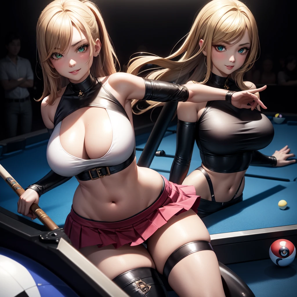 1 girl, solo, playing 8 ball pool, holding pool cue, pool table, Big round breasts, curvy hips, hourglass waist, realistic, bright blonde hair, light green eyes, amazing big eyes, eye details, eyebrow details, crop top, pink skirt, parted lips, blush, confident, dominant, bdsm, smirk, naughty, mischevious face, HD, good quality