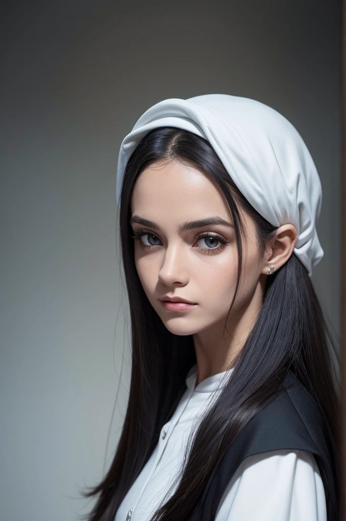 Uma mulher  de cabelo branco olho preto uniforme da sonserina do universo de Harry Potter