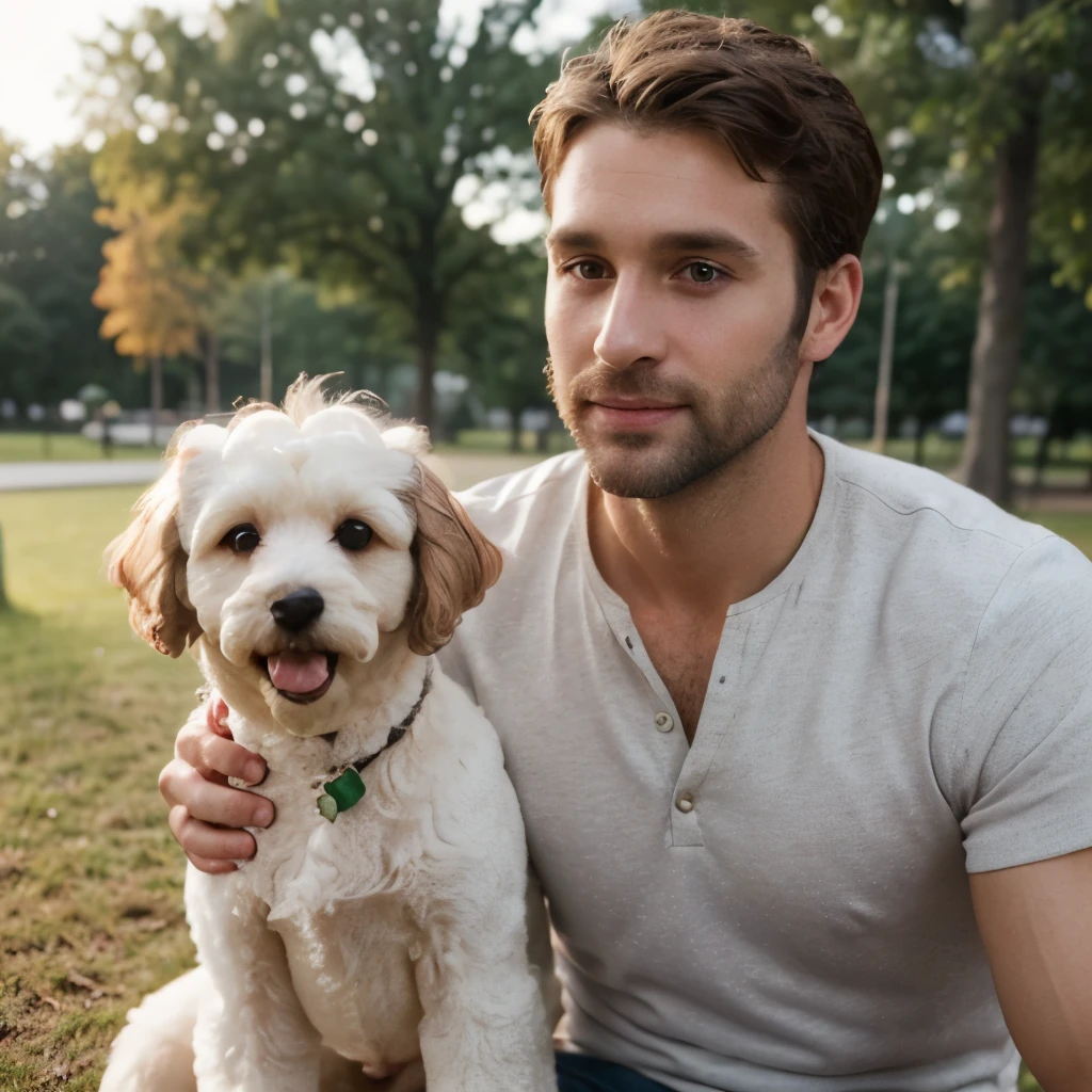 (((zoom out, full body handsome 35 year old desirable caucasian man with distinguished features, sitting in park with small white poodle))), (gray shirt, light brown medium length hair, cropped sides, clean shaved face, intriguing green eyes), athletic build, seductive smile with gentle expression, detailed depiction of facial features, perfectly symmetrical face, bright outdoor lighting masterfully accentuates his excellent features
