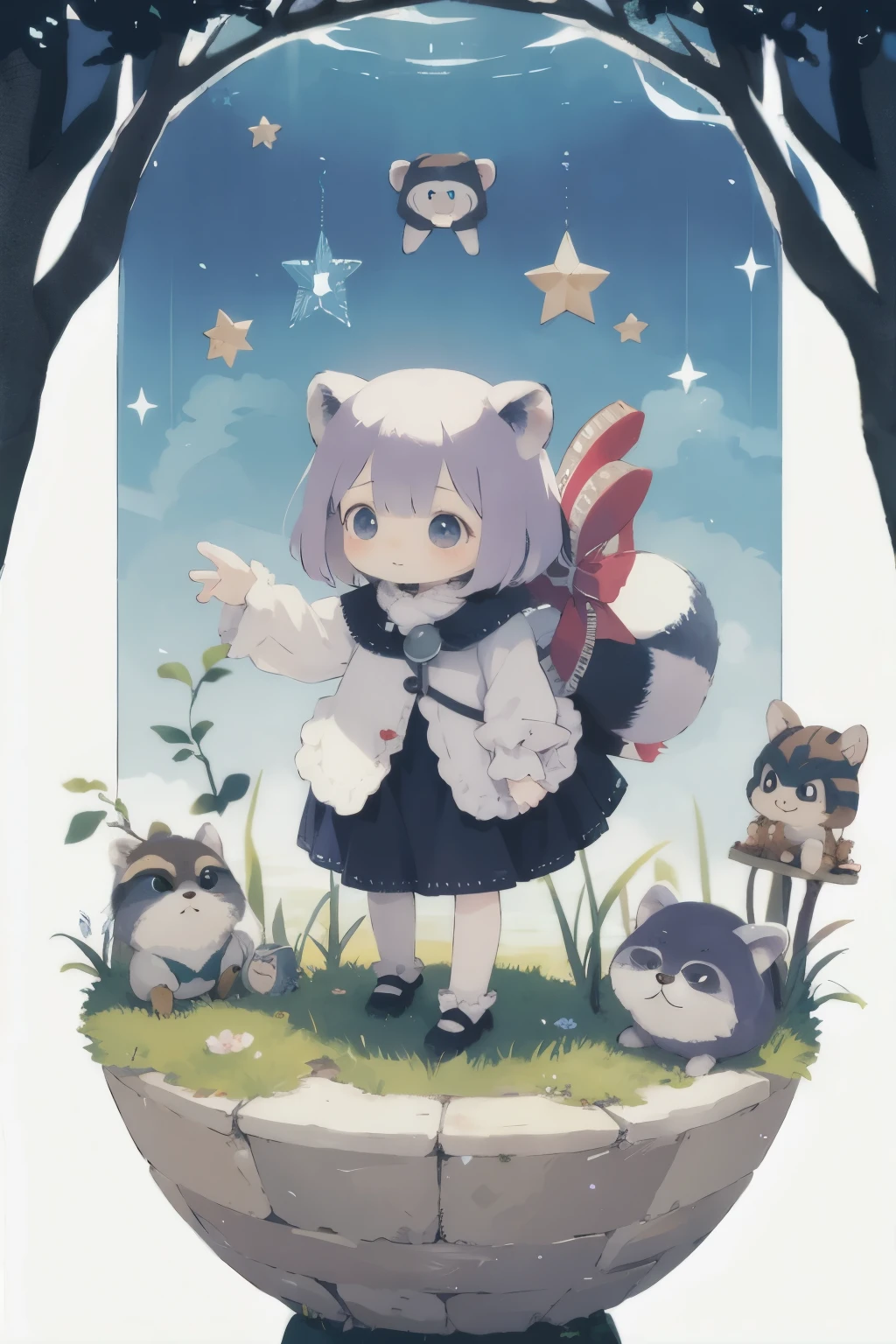 Surrealism、dream-like、 Cute raccoon、Fantasy creatures