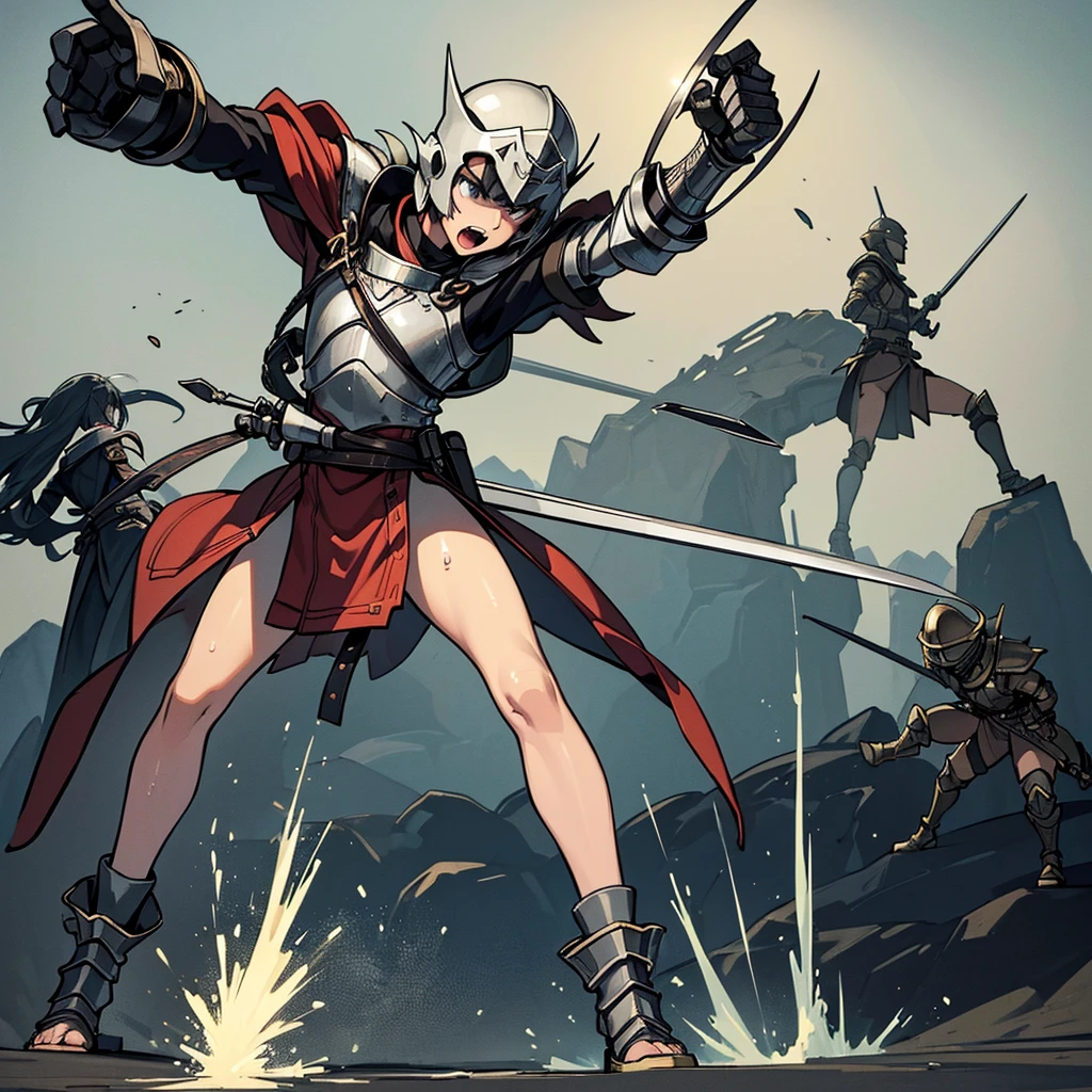 (((behind、behind姿、back図)))、highest quality, Best Quality, ((Full body character concept, Detailed character design))、(behindから、behind姿、back)、highest quality, Best Quality,Best illustrations、(((Iron Helmet))),Medieval Armor、Medieval Knight、Full grey armor、(((20-year-old male)))、Dramatic Angle、(battle)、battlefield、Movement angle、Grab the sword、(Fighting stance)、(((Simple Background)))、(10 people、multiple)、early、(get annoyed、Open your mouth、Sweat)、From below、(Examine the ground)