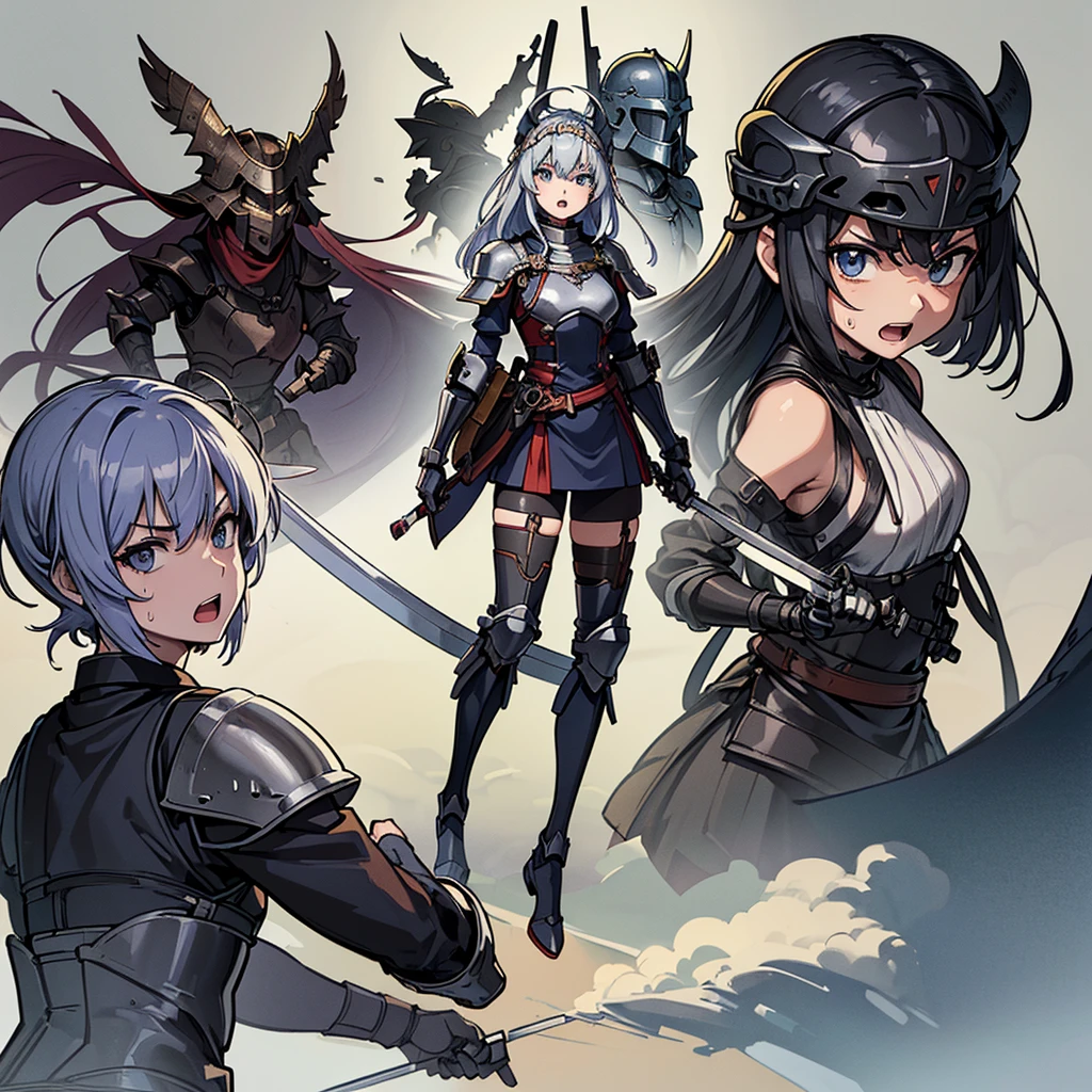 (((behind、behind姿、back図)))、highest quality, Best Quality, ((Full body character concept, Detailed character design))、(behindから、behind姿、back)、highest quality, Best Quality,Best illustrations、(((Iron Helmet))),Medieval Armor、Medieval Knight、Full grey armor、(((20-year-old male)))、Dramatic Angle、(battle)、battlefield、Movement angle、Grab the sword、(Fighting stance)、(((Simple Background)))、(10 people、multiple)、early、(get annoyed、Open your mouth、Sweat)、From below、(Examine the ground)