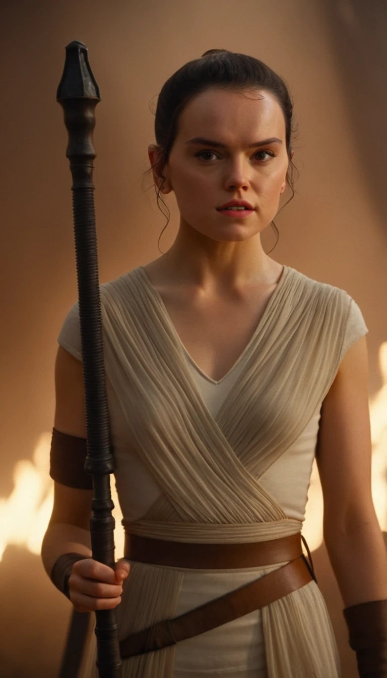 a woman with very small breasts, the breasts are covered, sideboob, detailed face, holding a battlestick, cinematic film still, shallow depth of field, vignette, highly detailed, high budget Hollywood movie by barry jenkins, cinemascope, moody, epic, gorgeous, film grain, grainy, the focus are on the very small breasts, nsfw, high quality, high res, Daisy Ridley