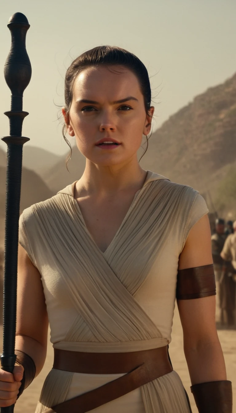 a woman with very small breasts, the breasts are covered, sideboob, detailed face, holding a battlestick, cinematic film still, shallow depth of field, vignette, highly detailed, high budget Hollywood movie by barry jenkins, cinemascope, moody, epic, gorgeous, film grain, grainy, the focus are on the very small breasts, nsfw, high quality, high res, Daisy Ridley