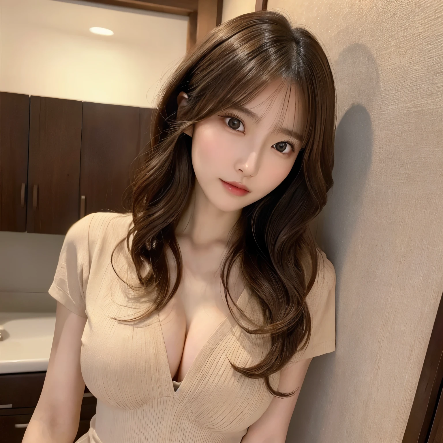 Realistic:1.2,masterpiece,highest quality，8k,((One Japanese woman)),20-year-old,Tight waist,String,Perfect Anatomy, Secretary-style suit,Brown Hair, Wavy Hair,Random Hairstyles,Big beautiful breasts,((Highly detailed face and eyes))(Cute Face:1.4)，Beautiful actress face，Perfect golden ratio face，Random sexy poses，Cowboy Shot