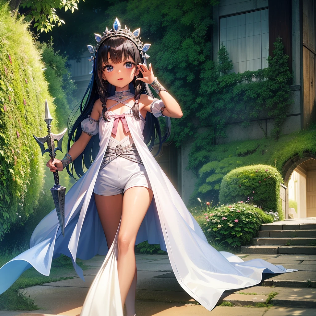 最high quality、high quality、Frugal cloth clothes、１０Year-old girl adventurer、Climb the labyrinth stairs、Shorts、Equipped with a dagger and a shield、Inside the dim labyrinth、The whole body is covered with a translucent material.