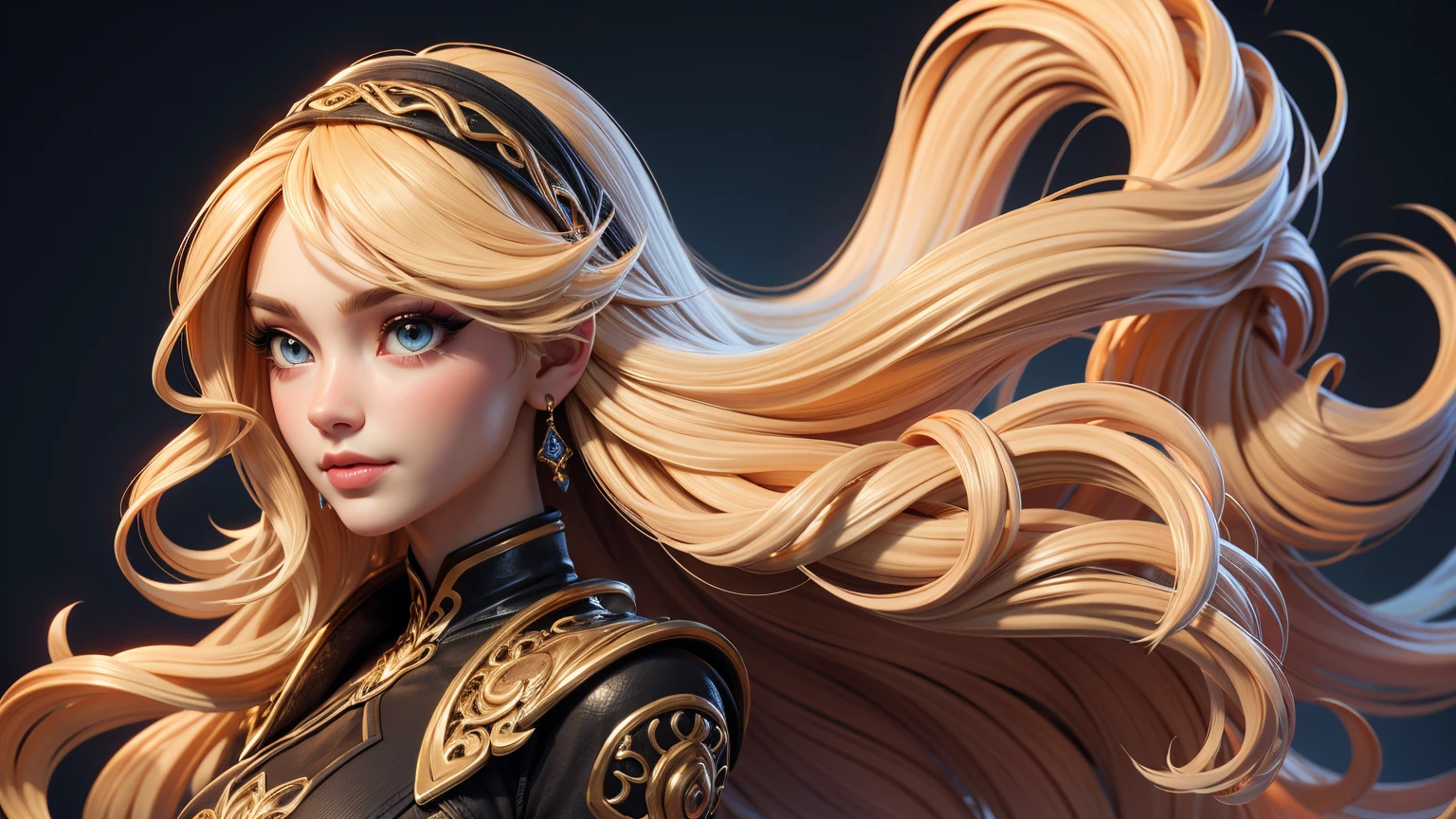 3dmm style,(masterpiece, top quality, best quality, official art, beautiful and aesthetic:1.2), (fractal art:1.3), 1girl, beautiful, high detailed, blonde hair, long hair, wavy hair, hairband, makeup, eyeshadow, mascara, lipstick, dark lighting, serious face,