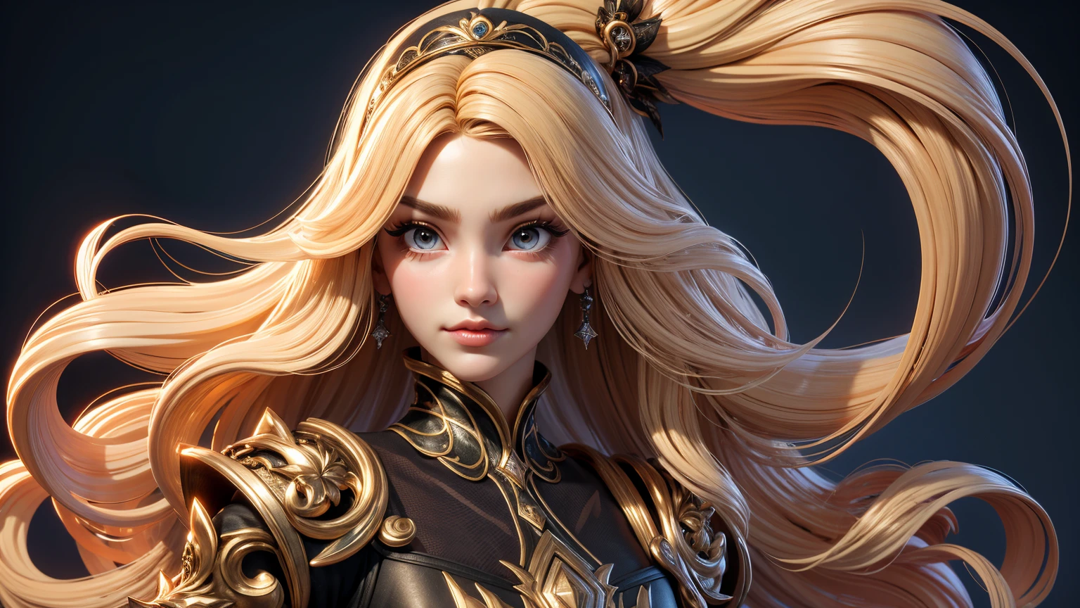 3dmm style,(masterpiece, top quality, best quality, official art, beautiful and aesthetic:1.2), (fractal art:1.3), 1girl, beautiful, high detailed, blonde hair, long hair, wavy hair, hairband, makeup, eyeshadow, mascara, lipstick, dark lighting, serious face,