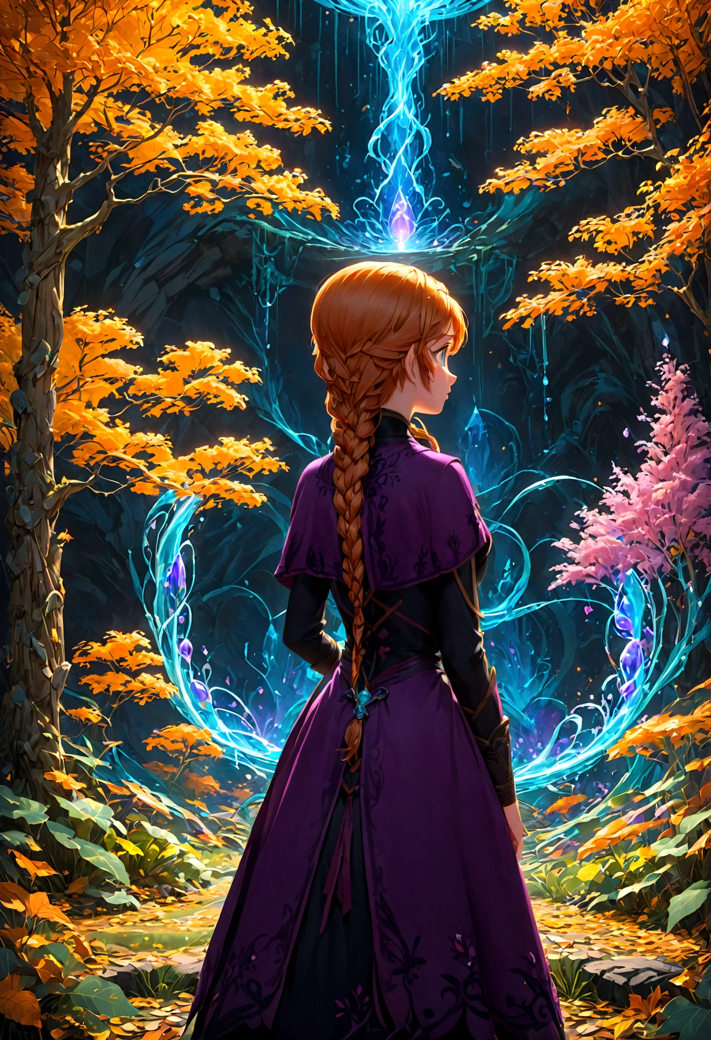 1girl, Anna \(frozen\), Anna of arendelle, black boots, black tunic purple cloak, solo, twin braids, braid, orange hair, upper body, long hair, worm light, solo, disney, (Back View, from behind:1.4), autumn, anime screenshot, source_anime, dramatic composition, cinematic dynamic action scene, vibrant colors, cinematic lighting, dramatic lighting, best quality, masterpiece, very aesthetic, perfect composition, intricate details, ultra-detailed