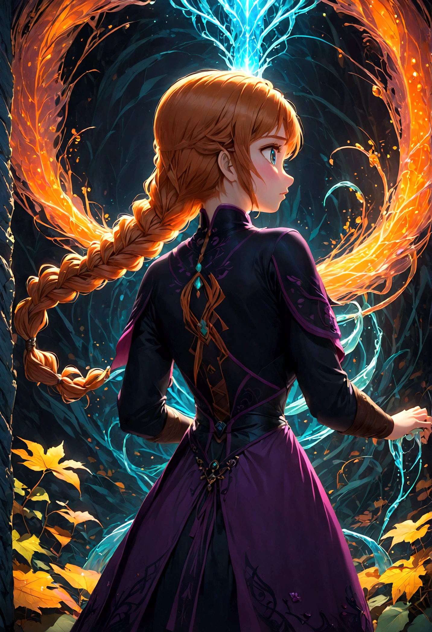 1girl, Anna \(frozen\), Anna of arendelle, black boots, black tunic purple cloak, solo, twin braids, braid, orange hair, upper body, long hair, worm light, solo, disney, (Back View, from behind:1.4), autumn, anime screenshot, source_anime, dramatic composition, cinematic dynamic action scene, vibrant colors, cinematic lighting, dramatic lighting, best quality, masterpiece, very aesthetic, perfect composition, intricate details, ultra-detailed