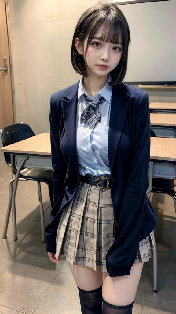 masterpiece, best quality, illustration, Super detailed, fine details, High resolution, 8K,wall paper, perfect dynamic composition,(Details High quality, realistic depiction of eyes:1.3), from side, High School Classroom、High school girl uniform、blazer 、Super Short Check Uniform Skirt、Navy blue high socks、garterbelts、Colossal tits、Disturbed uniform, short bob hair, black hair color, huge breasts, Big Natural Color Lip, bold sexy pose, (perfect body shape), crying a little、Harajuku style、20 year old girl、 beautiful legs, hposing Gravure Idol, Voluptuous thighs