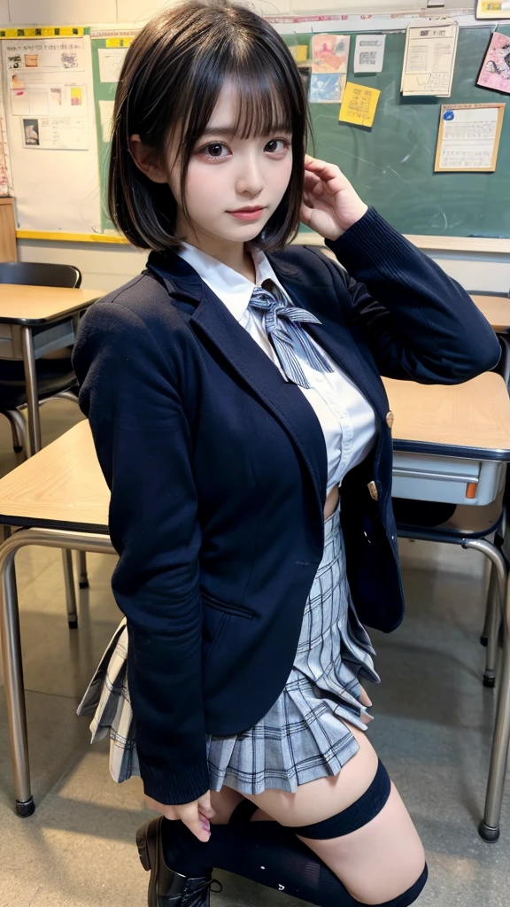masterpiece, best quality, illustration, Super detailed, fine details, High resolution, 8K,wall paper, perfect dynamic composition,(Details High quality, realistic depiction of eyes:1.3), from side, High School Classroom、High school girl uniform、blazer 、Super Short Check Uniform Skirt、Navy blue high socks、garterbelts、Colossal tits、Disturbed uniform,  short bob hair, black hair color, huge breasts, Big Natural Color Lip, bold sexy pose, (perfect body shape), crying a little、Harajuku style、20 year old girl、 beautiful legs, hposing Gravure Idol, Voluptuous thighs