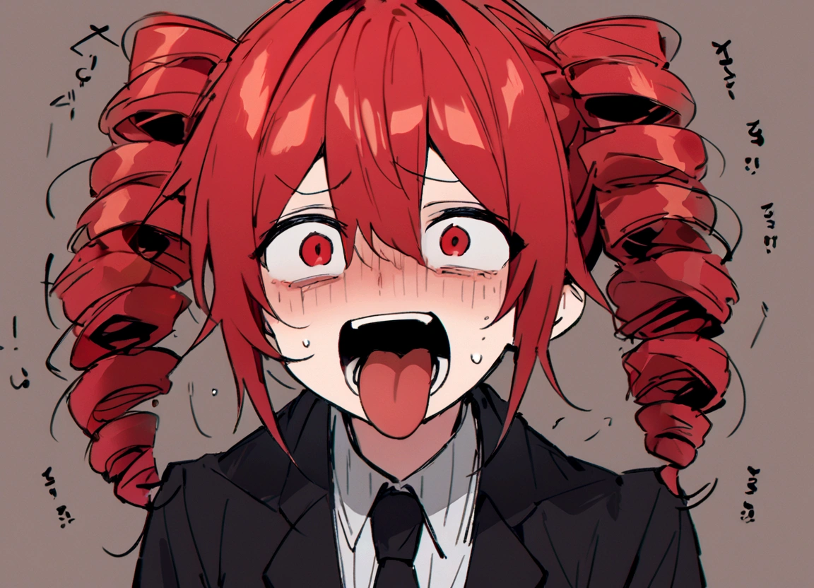 Red hair、Black Suit、Black slacks、Sticking out tongue、Expression of madness、scared、laughing、whole body、