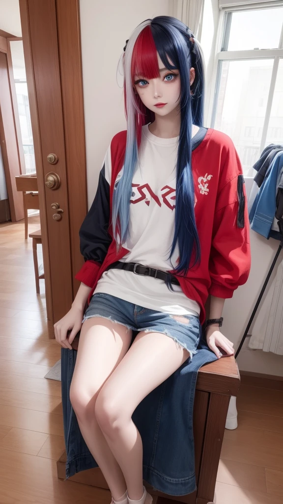 masterpiece, best quality, highly detailed,1girl,indoors, adult, split-color hair, red and blue hair, hair over eye, clothes, blue eyes、From head to toe、