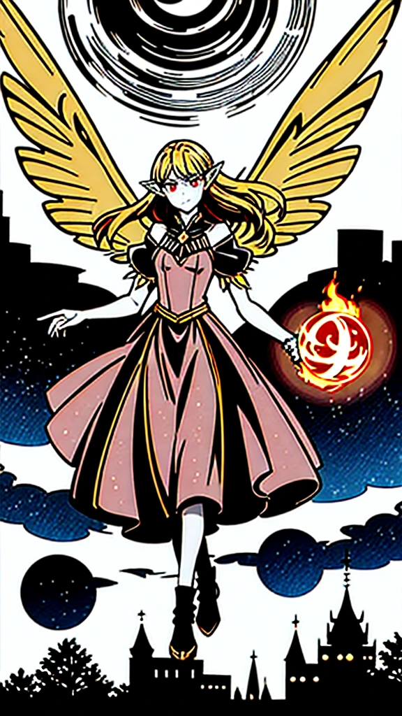 Fairy girl with wings and a fire orb in hand, red ring in finger, Classic Long Dress, Fairy Wings, Red eyes and Blonde Hair, Golden Hair, Serious face, detailed hands, magic, arcane powers, RPG Character, pointy ears, look serious, casting a spell, walking in nature, horizon behind, city, fire, 4k, full hd, detailed image, high quality image