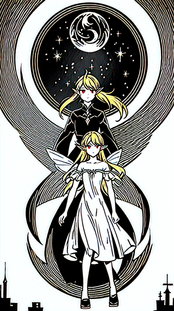Fairy girl with wings and a fire orb in hand, red ring in finger, Classic Long Dress, Fairy Wings, Red eyes and Blonde Hair, Golden Hair, Serious face, detailed hands, magic, arcane powers, RPG Character, pointy ears, look serious, casting a spell, walking in nature, horizon behind, city, fire, 4k, full hd, detailed image, high quality image