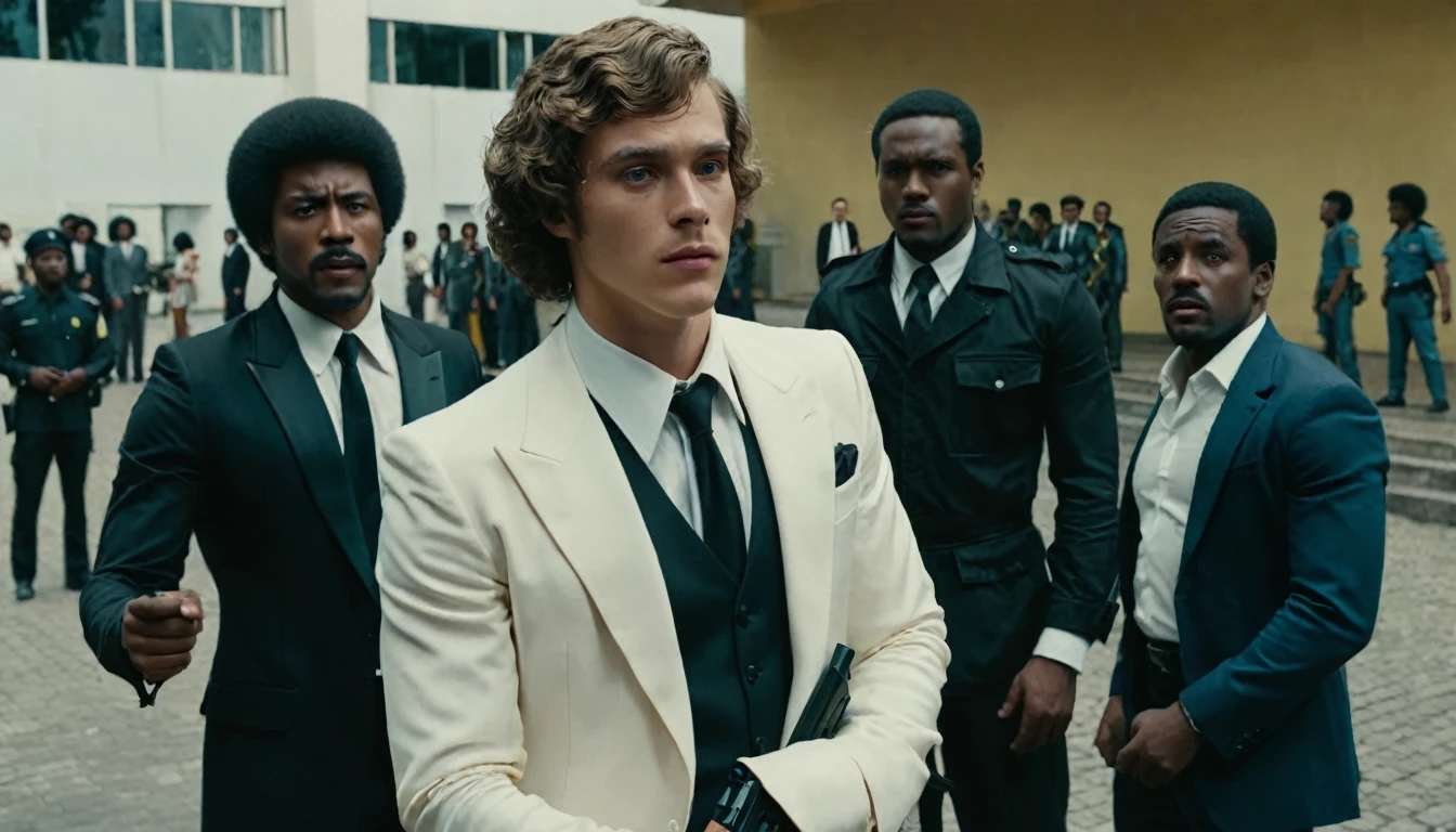 Brazil, 70s, white man, 22 years old, wearing formal clothes, in the background two black men, approximately 30 years old, security guards, are armed. Cinema scene, realistic photo, 8k.