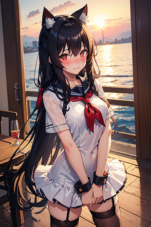 18 yeas old, girl, black hair, long hair, slim, big tits, narrow red eyes, cute, cat ears, (embarrassed, blush:1.3), smiling, sailor uniform, , See-through, ribbon, fishnet, garter belt, frills, Kneesocks, high heels, blue rose, headdress, frontal, standing, spread legs, scramble cross, sunset,