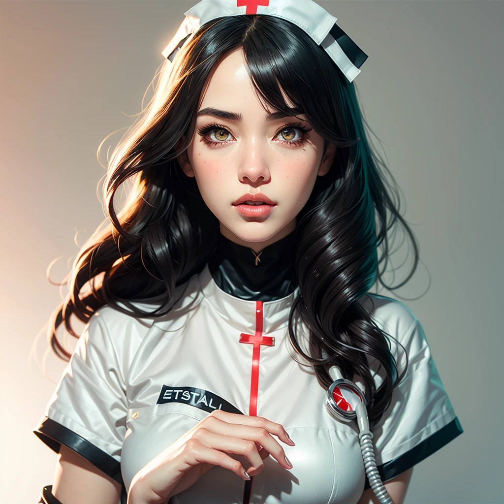 Anime girl with long hair and a nurse's uniform putting her finger to her lips, nurse girl, Artgerm. Anime illustration, ! dream artgerm, Modelo IG | Artgerm, :: RossDrew, enfermera, Estilo Artgerm, Artgerm extremadamente detallado, Como Artgerm, Lindo arte digital detallado, Obras de arte al estilo de Guweiz