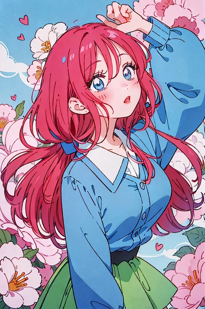 Miku nakano, turned sideways, pointing in front of her, (Old anime, vintage anime, 90's anime style, naoko takeuchi style, masterpiece、top-quality、top-quality、Official art、Beautifully Aesthetic:1.2)、(a beauty girl:1.3)、vivid colours、colourful, lHD Detail, Ultra Detail, soft Light, Deep Focus Bokeh, magical photography, dramatic lighting, intricate details, (1 girl, solo, alone), , sfw, nakano_miku, blue eyes, indigo eyes, aayotsuba, Miku, sparkling blue eyes, sfw, pretty age girl with long dark pink hair, heart shaped lips and blue eyes making a cute face, blushing, aamiku, Nakano Miku from The Quintessential Quintuplets, Miku Nakano, masterpiece, 4k, ultradetailed, cowboy shot, nakano miku, long pink red hair, blue headset around neck, calm face, blushing, apathetic calm face, one strand of hair across her face, blue eyes, innocent, pure, shy, tender, lovely