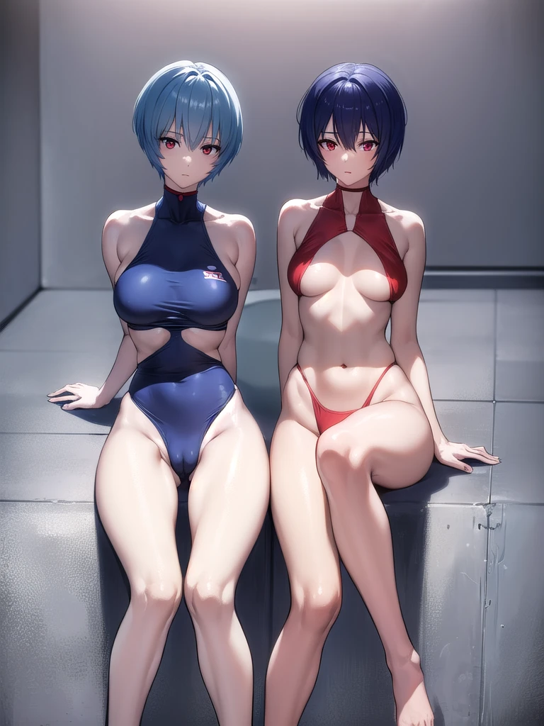 Rei Ayanami, Blue Hair, short hair, (Red eyes:1.5), (Small breasts:1.2), (masterpiece:1.2), highest quality, High resolution, unity 8k wallpaper, (shape:0.8), (Fine and beautiful eyes:1.6), Highly detailed face,  Highly detailed CG, (Perfect hands, Perfect Anatomy),((Swimwear))、((Embarrassed look))、、((short hair))、((f cup breasts))、The clothes are transparent、((Sit with your legs apart:1.5))、Cameltoe