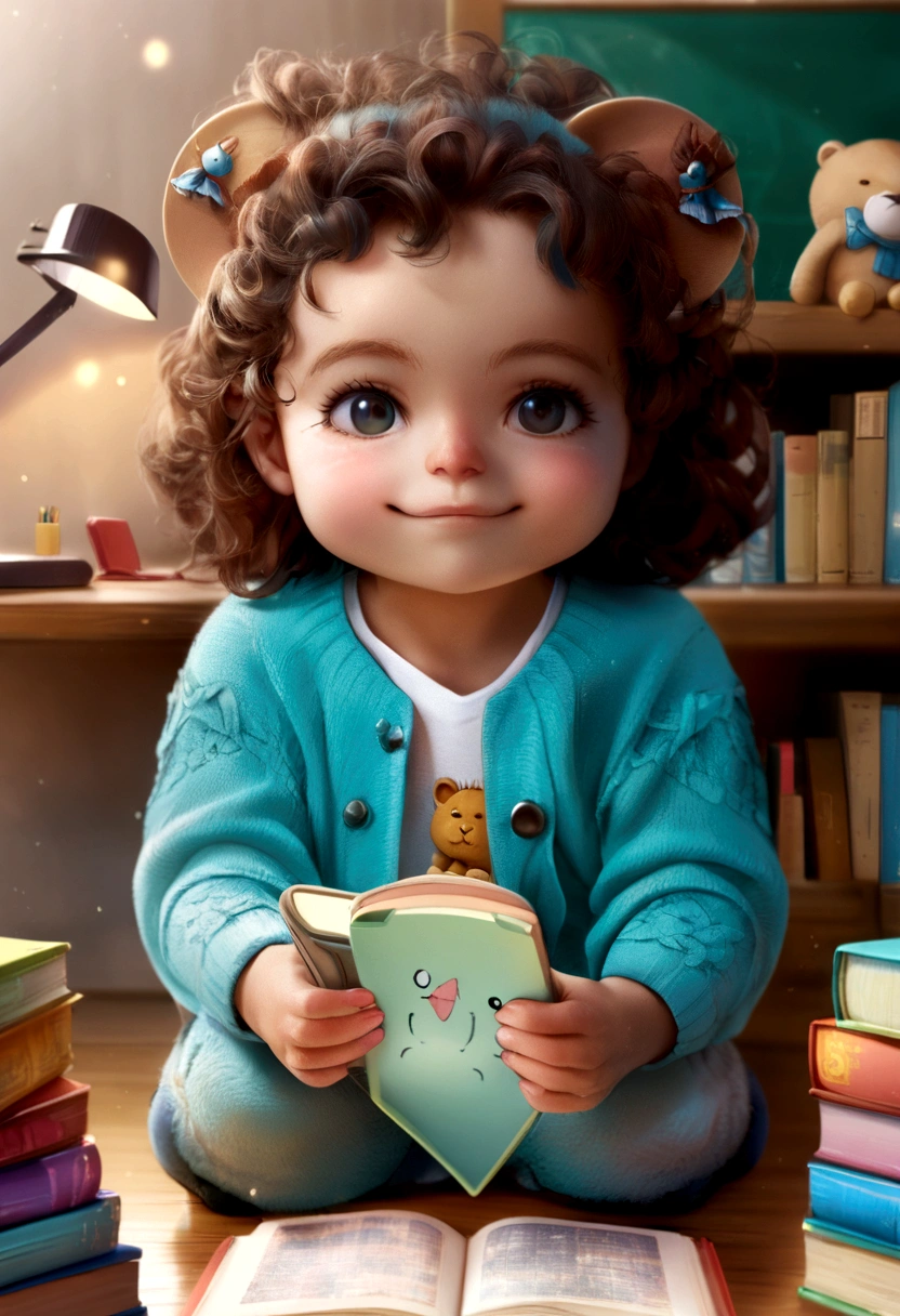 Whimsical Study Session: A chibi-style illustration of a cuddly lion character, Apolonias, sitting at a cozy desk amidst colorful books and school supplies. With an endearing expression, Apolonias holds a mobile phone and surrounded by textbooks, appearing to study or use the device. The scene is set in a warm, inviting room with soft lighting, emphasizing the character's friendly demeanor