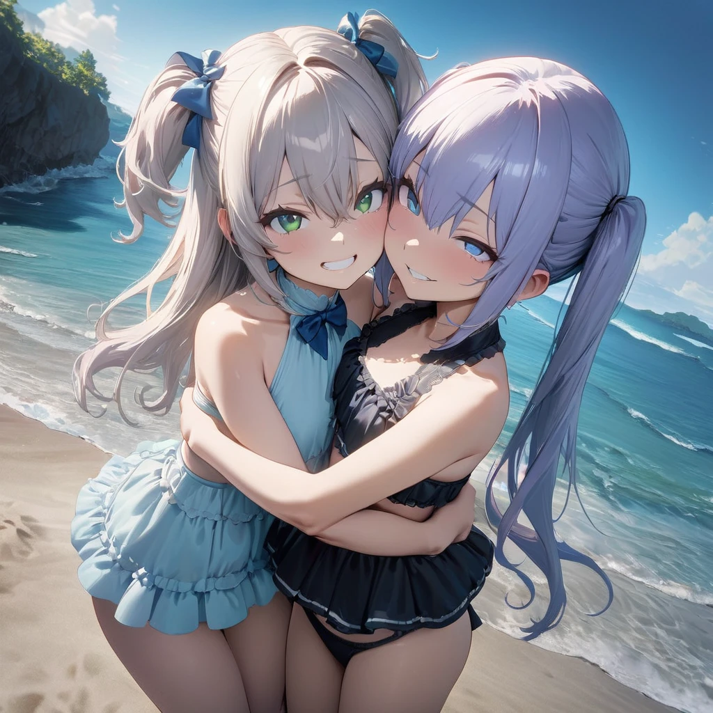 (masterpiece:1.3),(bestquality:1.3),(8k:1.3),(2girls:1.1),(beach:1.3),(cowboy_shot:1.3),(dutch angle:1.3),(from_below:1.2),(fisheye:1.1),(soft clean:1.1),anime visual, (Lovey-dovey:1.5), (tilt head:1.3), extremely delicate face, soft clean focus, realistic lighting and shading, (an extremely delicate and beautiful art:1.3), elegant, 
BREAK,
(masterpiece:1.3),(bestquality:1.3),(high resolution:1.3),(extremely detailed:1.3),(8k:1.3),(2girls:1.1),(:1.1),ponytails,hair between eyes,blue eyes,silver hair,small_breasts,(open mouth:1.1),(grin:1.1),(blue bow:1.1),(frosty blue halterneck bikini:1.2),(frills trim:1.1),(hug each other tight:1.4),beach,
BREAK,
(masterpiece:1.3),(bestquality:1.3),(high resolution:1.3),(extremely detailed:1.3),(8k:1.3),(2girls:1.1),lolick and green eyes,blue purple hair, long wavy hair,blunt bangs hair,(two side up:1.1),small_breasts,(whitebow:1.2),(grin eyes:1.2),(smirk:1.2),(black halterneck bikini:1.2),(frills trim:1.1),(hug each other tight:1.4),beach,