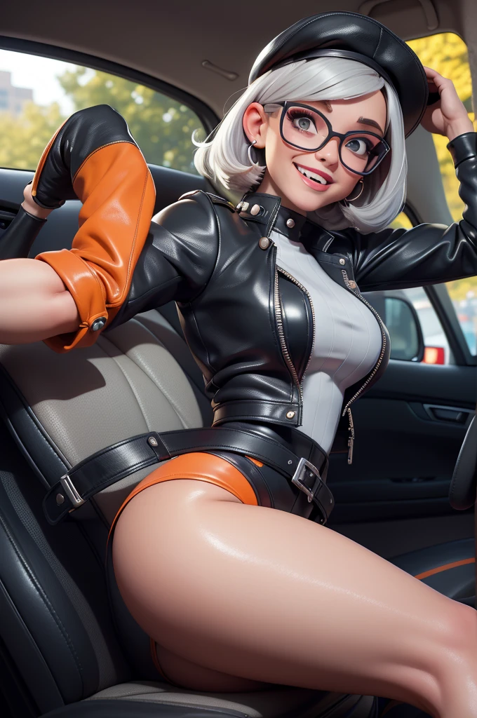 obra prima, melhor qualidade, (kat timpf 70yo face wrinkles) head back, sassy wicked girl, big toothy smile, open mouth, fat lips, ultra shiny pastel lipstick, (silver rounded bob hair,) black plastic glasses, leather biker jacket, leather chaps with fringe, leather beret, nipples, (metallic bright orange leather outfit,) studs zippers snaps, shiny leather gloves, body is skinny, reclining in car seat, arched back, hips twisted, stick shift, overhead camera view, looking down at me, shallow depth of field, highres, HD, 8k, anatomically correct
