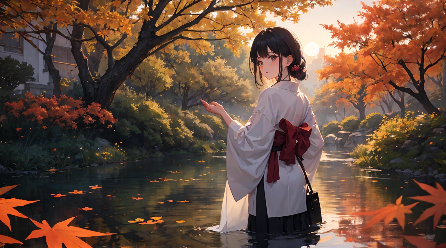 "It depicts an enchanting evening scene depicting a tranquil pond bathed in the hues of fiery autumn foliage.。. The composition is、The maple leaf and the prominent features of the nearby majestic maple tree should be highlighted.。. In the foreground, A Japanese woman in her 40s is standing gracefully, Dressed in a bright white kimono. The kimono accentuates her elegance., Her beauty shines in the moonlight. She has a timeless charm, Capturing the Essence of the Season. A woman looks at a sparkling pond, Autumn leaves reflected on the water surface. Her expression is one of calm contemplation., Immerse yourself in the quiet beauty of the night. A magnificent maple tree is depicted in the background., Branches decorated with shiny leaves that seem to catch the moonlight.. The pond reflects a fantastic scene, Enhance the charm of the moment. The overall configuration is、It should exude a sense of serenity and reverence for natural beauty.。. In this enchanting autumn landscape、Let the enchanting beauty of the woman and the brilliance of the autumn leaves take center stage.。."