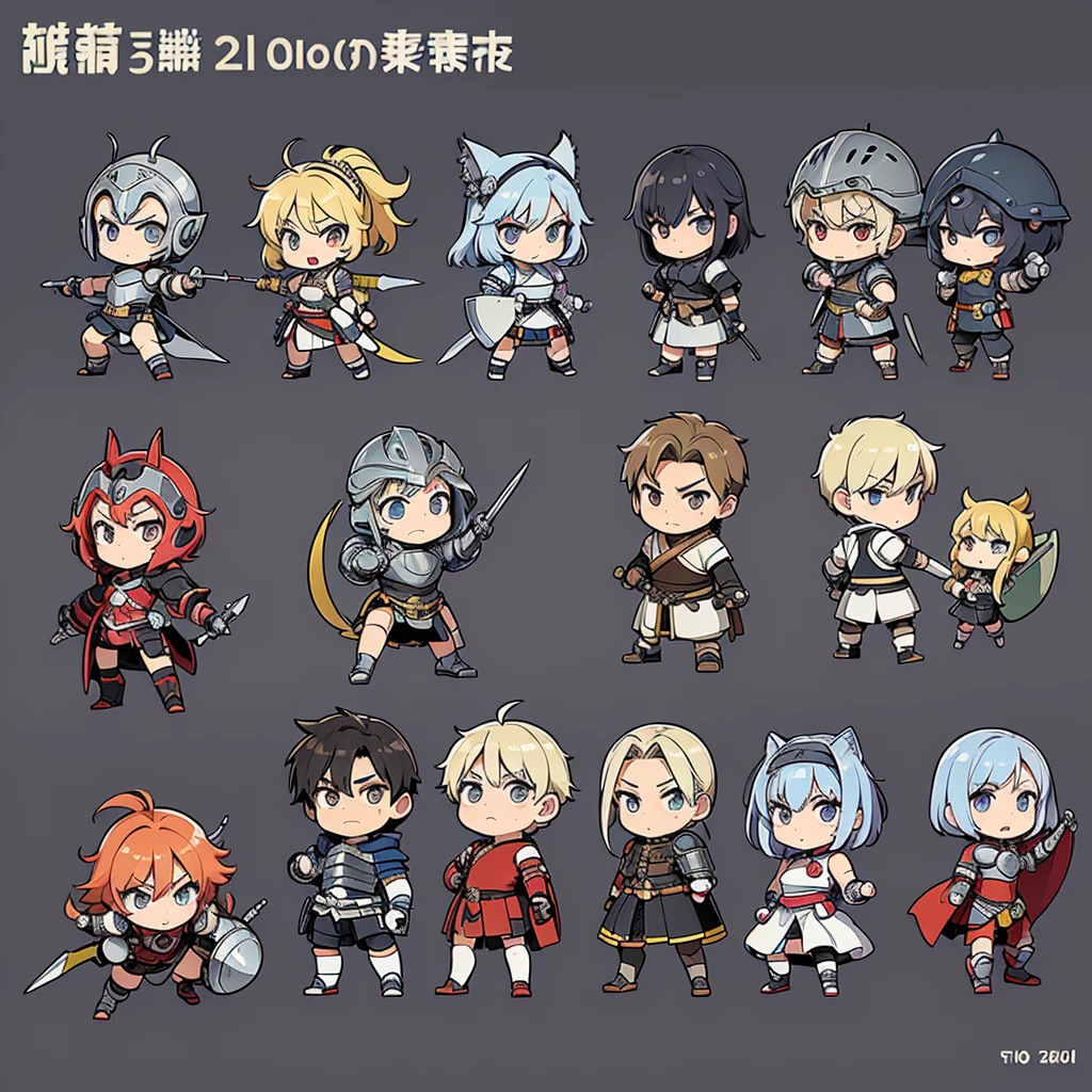 ((((Chibi Character、Character Sheet))))、(((behind、behind姿、Rear view)))、highest quality, Best Quality, ((Full body character concept, Detailed character design))、highest quality, Best Quality,Best illustrations、(((Iron Helmet))),Medieval Armor、Medieval Knight、Full grey armor、(((20-year-old male)))、Dramatic Angle、(battle)、battlefield、Movement angle、Grab the sword、(Fighting stance)、(((Simple Background)))、(10 people、multiple)、early、(get annoyed、Open your mouth、Sweat)