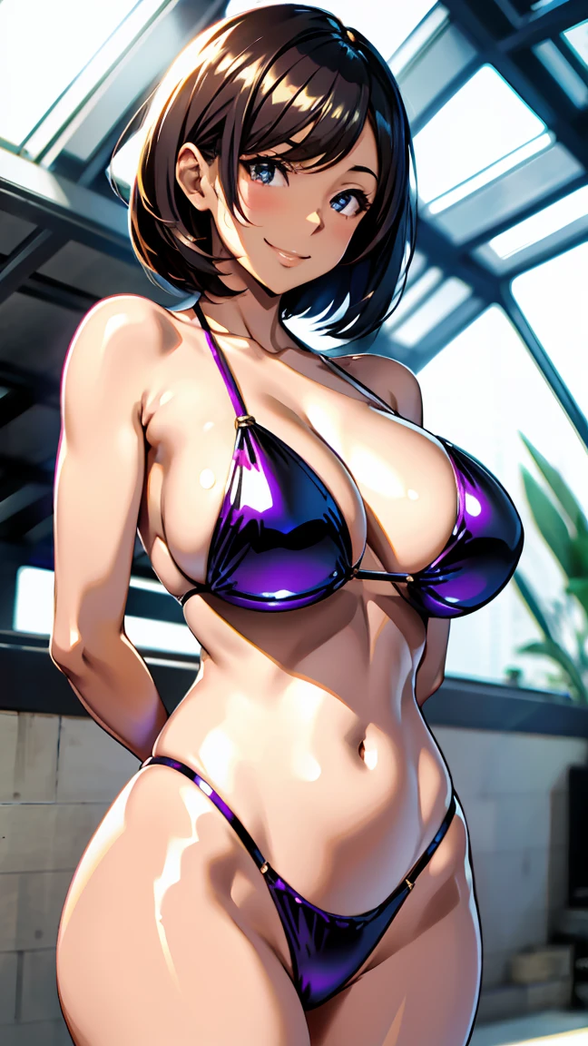 Standing wearing shiny bikini、Outstanding smile、 milf 、Japanes、huge breast、short hair、(Shiny skin:1.4)、arms behind back, pigeon toed, Esbian all over、