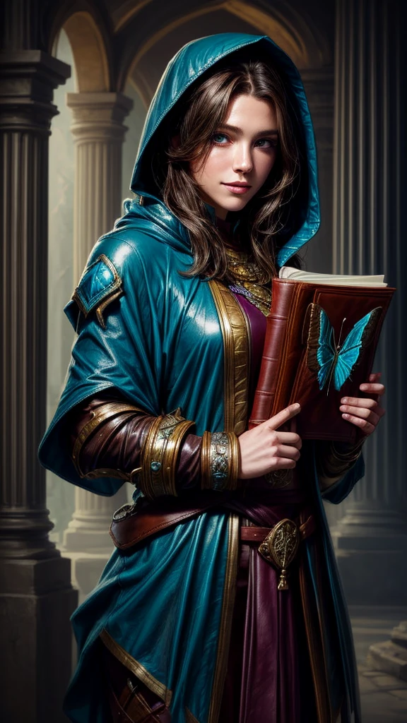 Speed painting of portrait of a fantasy female brunette human adventurer, with a dull blue leather hood, in leather armour, in a temple, D&D character, holding a very large leather bound magical book with butterfly on the book cover, slight smile on face.