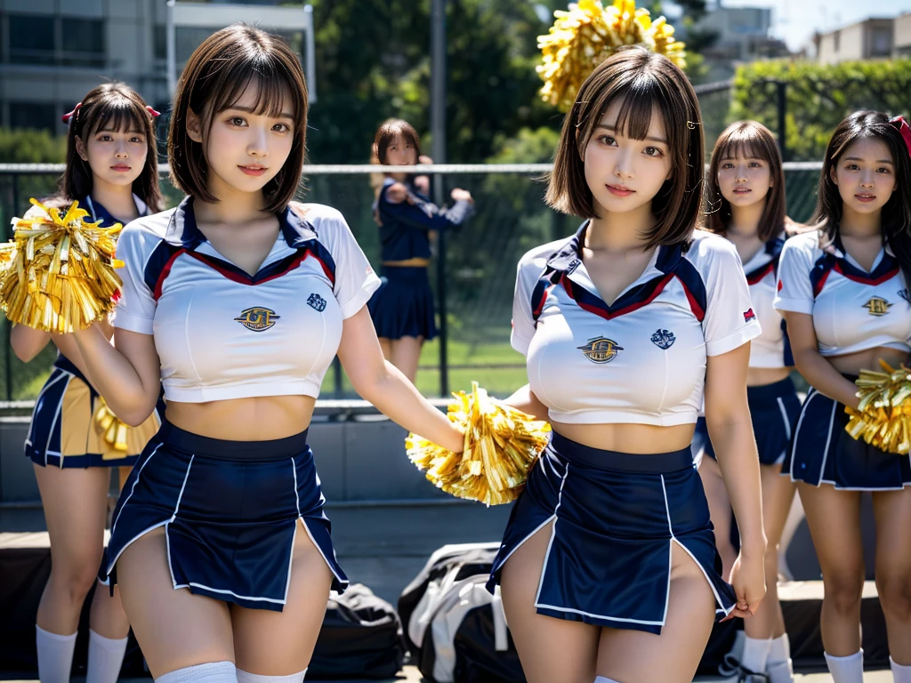 (RAW photo, 4k, masterpiece, high resolution, extremely complex) (realistic: 1.4), cinematic lighting
((2 girls, 2 schoolgirls)),blushing,((innocent)),bright eyes,round eyes,blunt bangs,(short bob hair:1.3),black hair,large breasts,wide hips,Summer Noon, ,Hot, (Best Quality), (Highres), (an Extremely Delicate and Beautiful),(Beautiful 8k face),(Brown eyes),( spectators),(gigantic breasts),(Play with each other,Touching each other's bodies,Touching the body),(cheer girl:1.5),(a miniskirt),(reality),bright lighting,(The background is a luxury hotel room)
