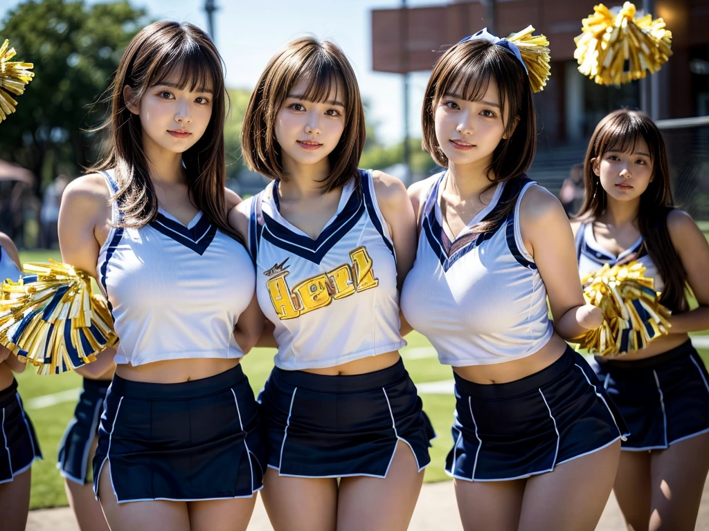 (RAW photo, 4k, masterpiece, high resolution, extremely complex) (realistic: 1.4), cinematic lighting
 ((2 girls, 2 schoolgirls)),blushing,((innocent)),bright eyes,round eyes,blunt bangs,(short bob hair:1.3),black hair,large breasts,wide hips,Summer Noon, ,Hot, (Best Quality), (Highres), (an Extremely Delicate and Beautiful),(Beautiful 8k face),(Brown eyes),( spectators),(gigantic breasts),(Play with each other,Touching each other's bodies,Touching the body),(cheer girl:1.5),(a miniskirt),(reality),bright lighting,(The background is a luxury hotel room)