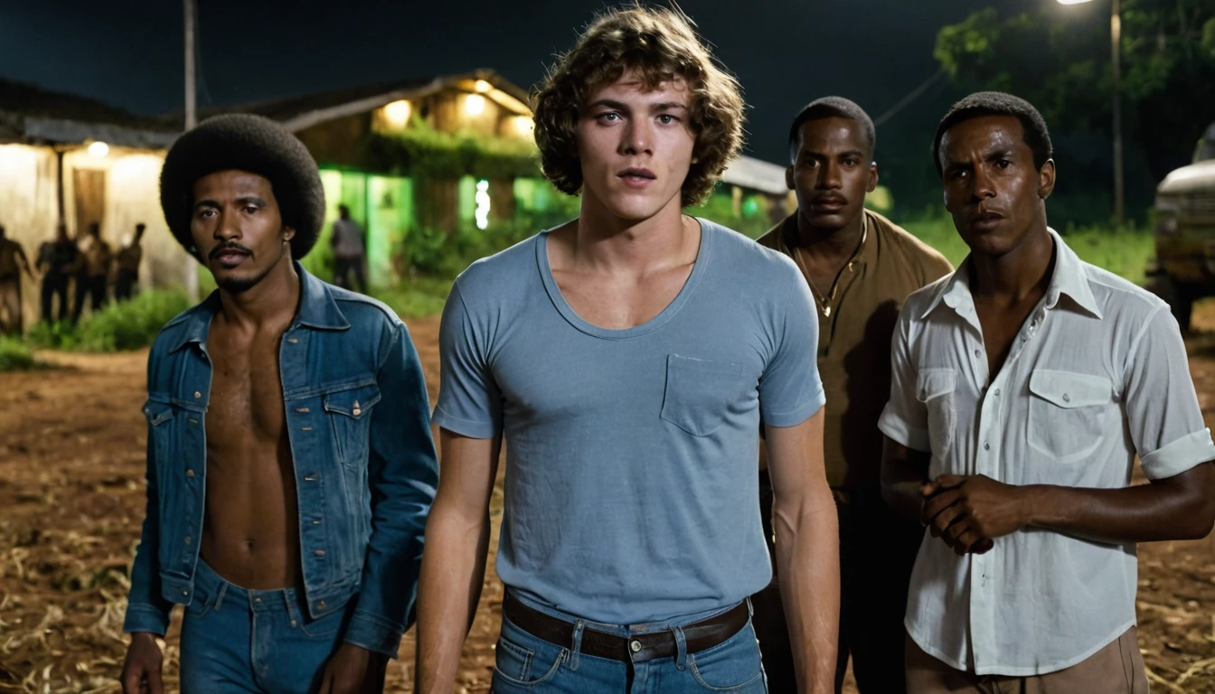 Brazil, 70s, farm, night, white man, 22 years old, wearing street clothes, in the background two black men, approximately 30 years old, security guards, are armed. Cinema scene, realistic photo, 8k.