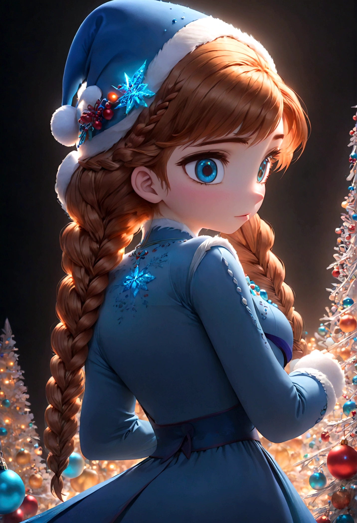 1girl, Anna \(frozen\), Anna of arendelle, blue christmas dress, blue cap, solo, twin braids, braid, orange hair, upper body, long hair, worm light, solo, disney, (Back View, from behind:1.4), looking back over shoulder, anime screenshot, source_anime, dramatic composition, cinematic dynamic action scene, vibrant colors, cinematic lighting, dramatic lighting, best quality, masterpiece, very aesthetic, perfect composition, intricate details, ultra-detailed