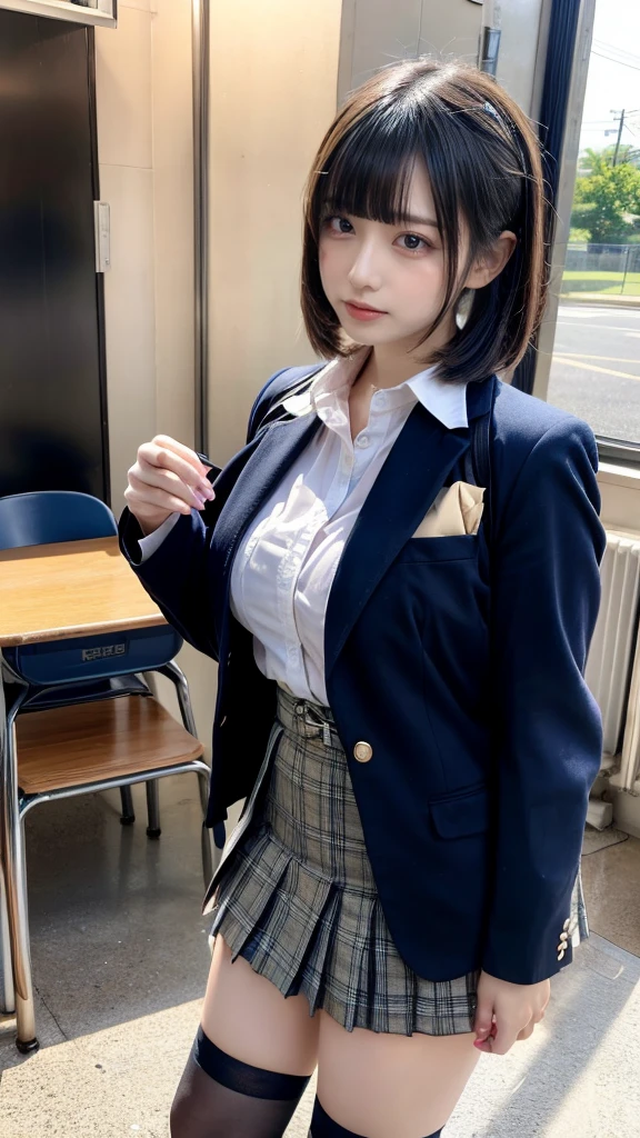 masterpiece, best quality, illustration, Super detailed, fine details, High resolution, 8K,wall paper, perfect dynamic composition,(Details High quality, realistic depiction of eyes:1.3), from side, High School Classroom、High school girl uniform、blazer 、Super Short Check Uniform Skirt、Navy blue high socks、garterbelts、Colossal tits、Disturbed uniform, short bob hair, black hair color, huge breasts, Big Natural Color Lip, bold sexy pose, (perfect body shape), crying a little、Harajuku style、20 year old girl、 beautiful legs, hposing Gravure Idol, Voluptuous thighs