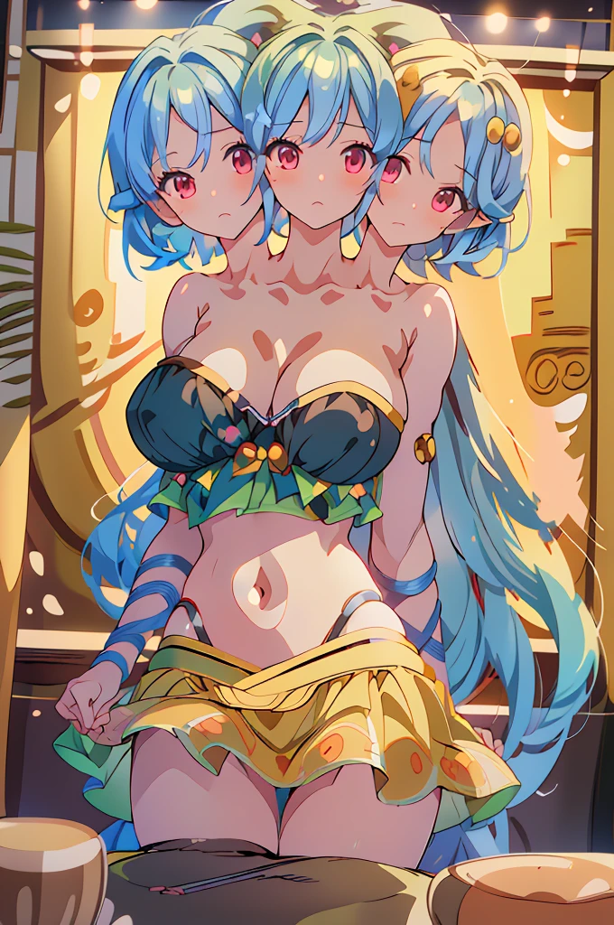 (masterpiece, best quality),best quality, best resolution, (ultra-detailed), (3heads:1.5), 1girl, (keiki haniyasushin:1.3), masterpiece, best quality, ultra quality, ultra resolution, yellow top, crop top, ((stomach)), midriff, ((groin)), yellow skirt, miniskirt, normal ears, shackles, sky blue hair, very long hair, wavy hair, sidelocks, red eyes, parted lips, sweat, cute, toned belly, hand on own chest, eyelashes, (24 year old woman:1.3), (masterpiece:1.5), (best quality:1.5), (beautiful detailed), extremely detailed CG, extremely delicate and beautiful, depth of field, (finely detailed face), (perfect details:1.2), (mature female:1.3), wide pelvis, slender, large veiny breast, 16k resolution, highres, high quality, high definition, extremely detailed, masterpiece, sky blue hair, long hair, alluring presence, twin braid, short skirt, close up, very big tits, huge tits, young, green handkerchief, haniwa, kofun period clothing,