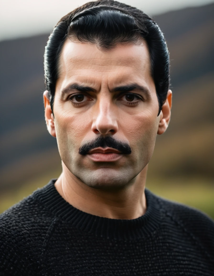 professional photo, closeup portrait photo of 30 yo british [man:Freddie Mercury:0.1], wearing a black sweater, serious face, dramatic lighting, nature, gloomy, cloudy weather, bokeh