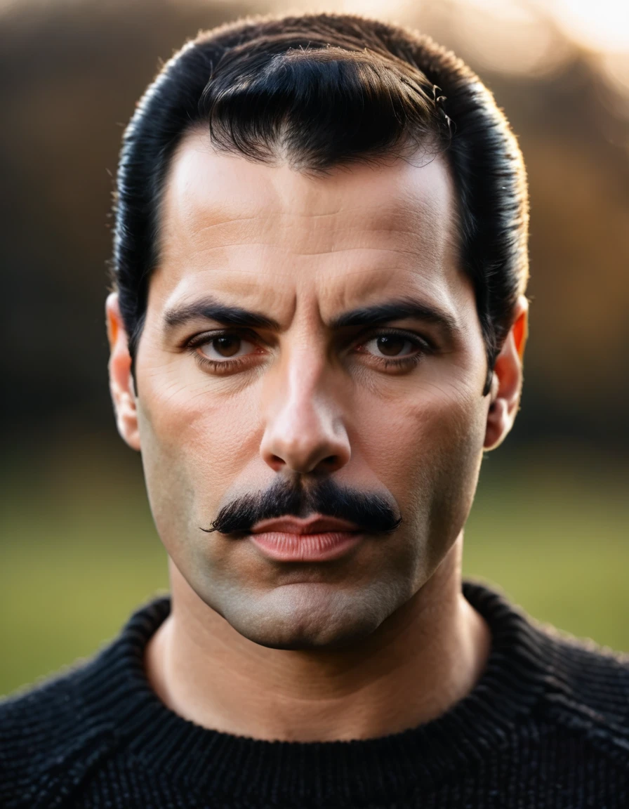 professional photo, closeup portrait photo of 30 yo british [man:Freddie Mercury:0.1], wearing a black sweater, serious face, dramatic lighting, nature, gloomy, cloudy weather, bokeh