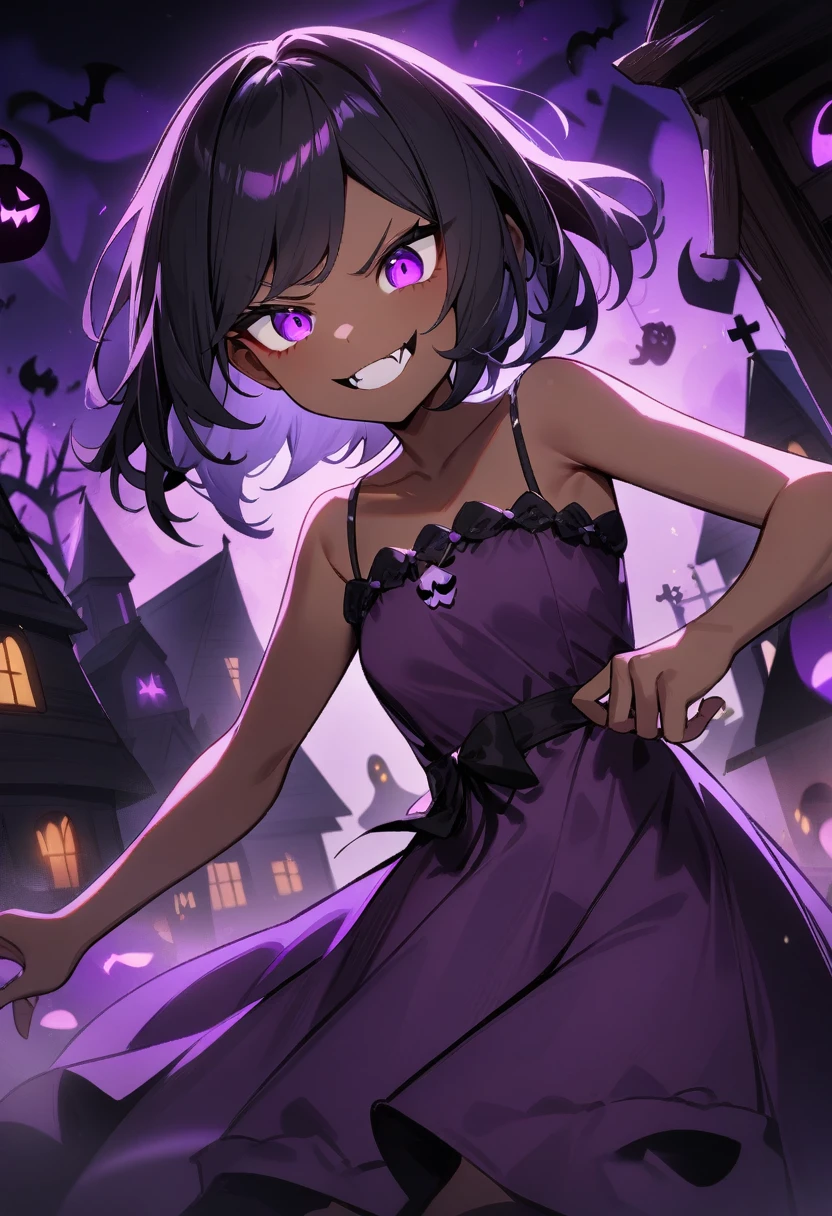 1girl, ghost girl, dark skin, angry smile, fangs,small breasts, floaty hair, short hair, black hair, purple eyes, purple haze, purple ghost dress, haunted house, masterpiece quality, ultra HD, 4K, best quality,