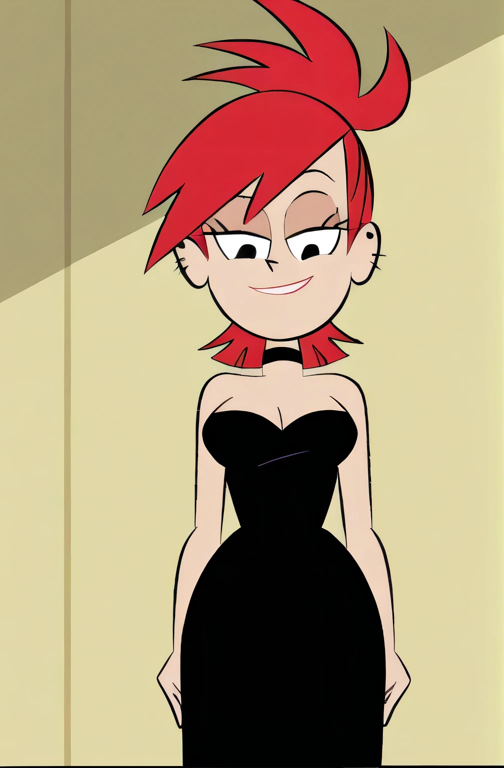 FrankieFoster, red medium hair, red bob hair cut, black eyes, solo, strapless black dress, smug, chocker, beautiful, cleavage, expensive ballroom, looking at viewers, from below, Reached her arms out.