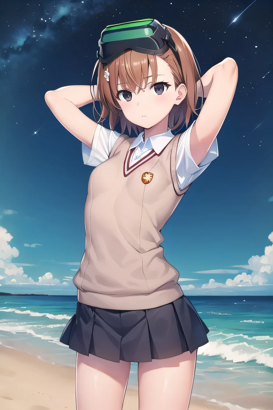 misaka imouto, short hair, brown hair, black eyes, empty eyes, goggles, goggles on head, head-mounted display, , sweater vest, shirt, skirt, white shirt, pleated skirt, v-neck, short sleeves, tokiwadai, solo, night sky, beach, arms behind head, contrapposto, spread armpits, closed mouth, (cowboy shot:1.5), looking at viewer, sexy,