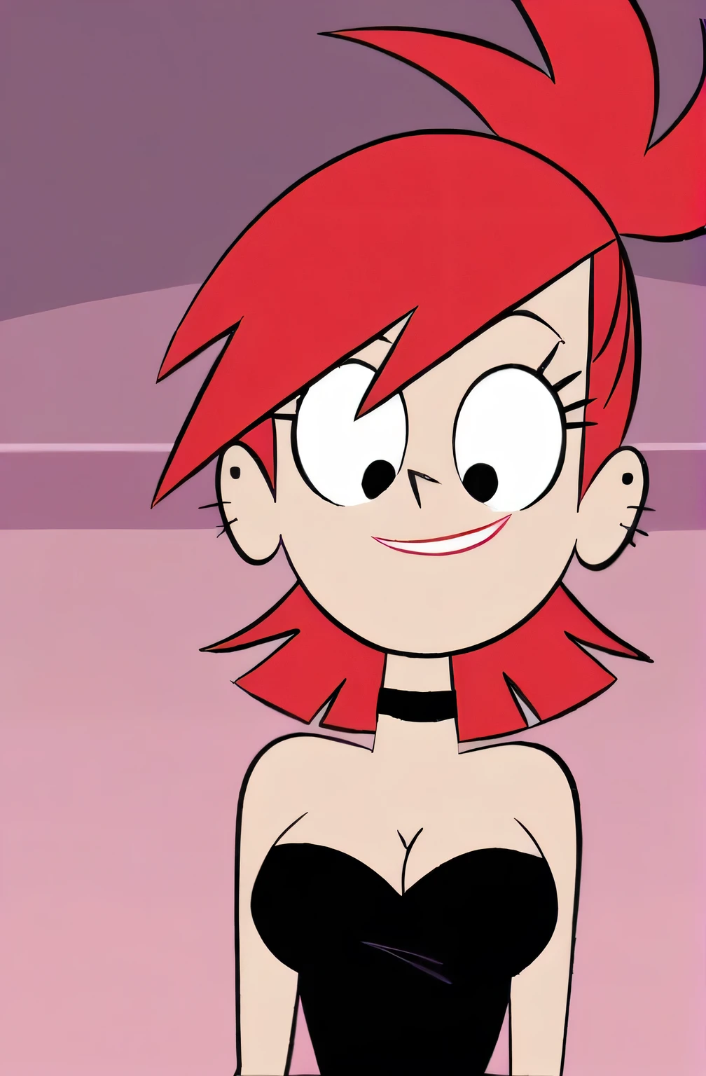 FrankieFoster, red medium hair, red bob hair cut, black eyes, solo, strapless black dress, smug, chocker, beautiful, cleavage, expensive ballroom, looking at viewers, from below, Reached her arms out.